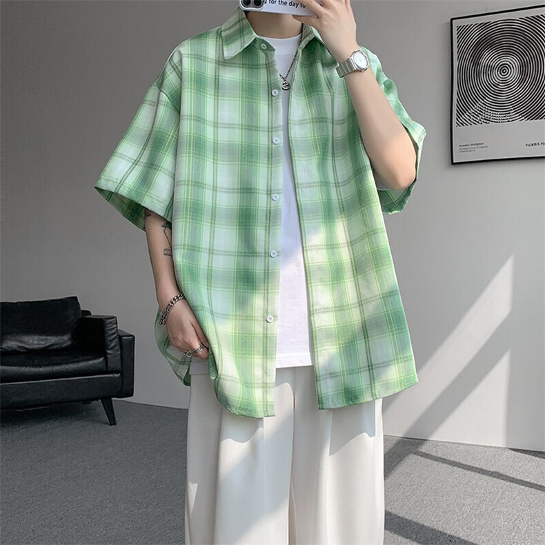 8XL-M格子短袖衬衫男夏季薄款DK制服衬衣JK学院风半袖外套DC28004，男装T恤，电商B312