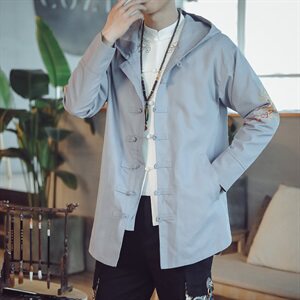 W203 *咖啡厅中国风 复古夹克麒麟刺绣唐装外套风衣 浅灰 * P95,男装风衣,星座1516（原B303）