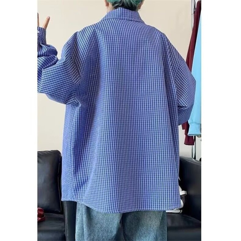 蓝色格子衬衫长袖男春秋美式复古格纹痞帅高级感宽松百搭休闲衬衣,男装衬衫,星座601-1