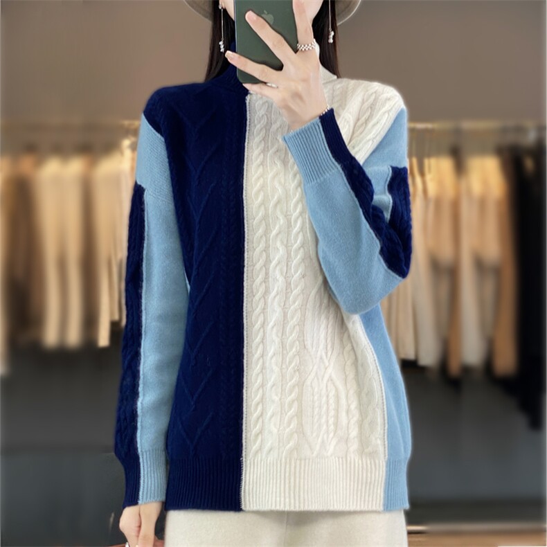 2025年冬新款高领羊毛衫女士气质宽松拼色扭花上衣打底衫，女装羊毛衫，邦太羊绒