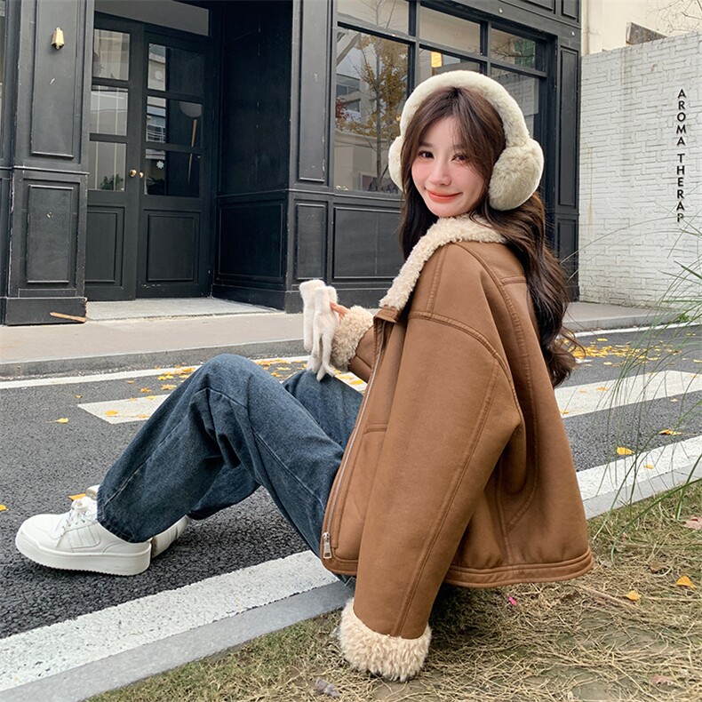 韩版时尚机车风皮毛一体外套女2025冬季新款显瘦加厚加绒棉服棉袄,女装短外套,纯色衣恋