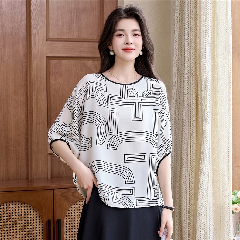 印花缎面真丝衬衫女中袖小衫2025年夏季新款宽松杭州真丝上衣，女装衬衫，阿舍尔精品