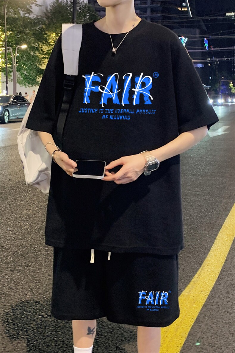 ！2024夏季男士字母印花华夫格短袖套装学生一套HTZ17P50,男装T恤,电商B220