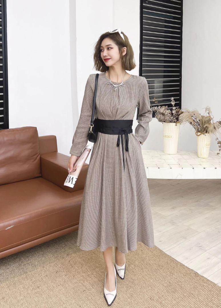 千鸟格撞色腰带连衣裙，女装连衣裙，迪蔓君翔