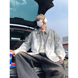 扎染衬衫男生夏季薄款美式复古小众设计感中性风简约长袖衬衣外套图片
