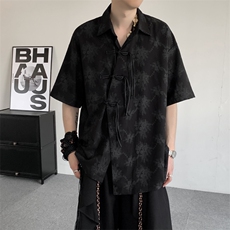 2025新中式提花暗黑暗纹不对称男女衬衫印花上衣小众盘扣短袖外套，男装衬衫，星座909