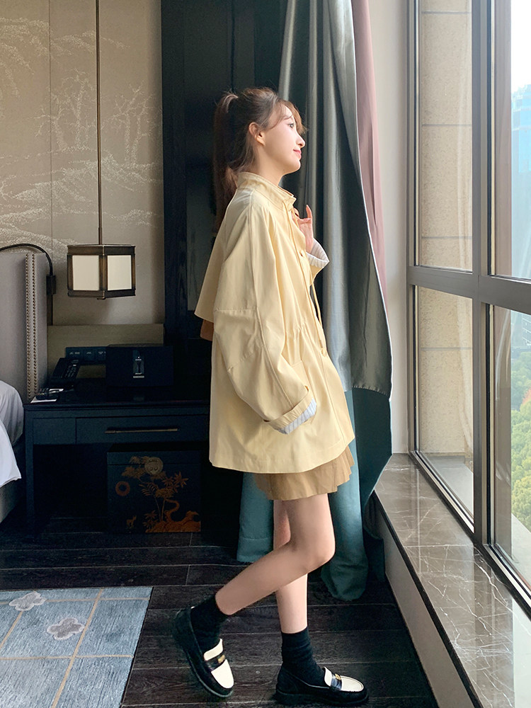 黄色工装风衣外套女春秋2024新款韩系宽松小个子抽绳收腰显瘦夹克,女装风衣,浙宝192（原082）
