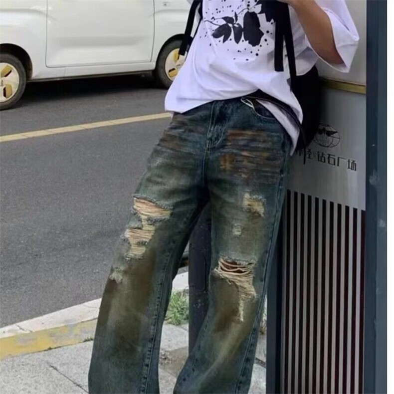 美式复古废土风黄泥牛仔裤情侣潮牌炸街直筒宽松设计感破洞长裤子,男装牛仔裤,星座506A