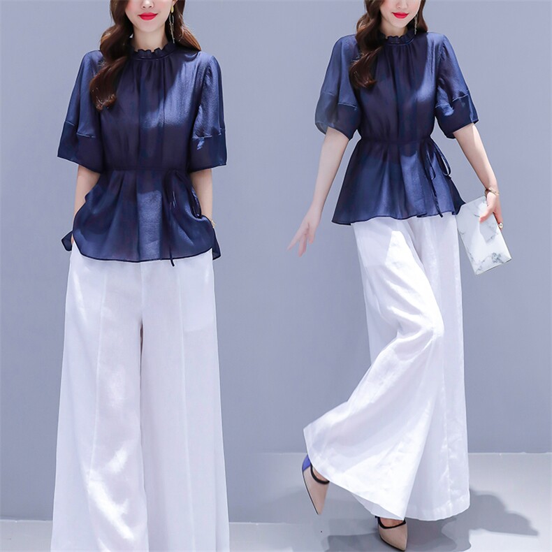 芷墨夏装新款时尚复古显示法式收腰上衣棉麻阔腿裤套装，女装套装/套裙，芷墨服饰