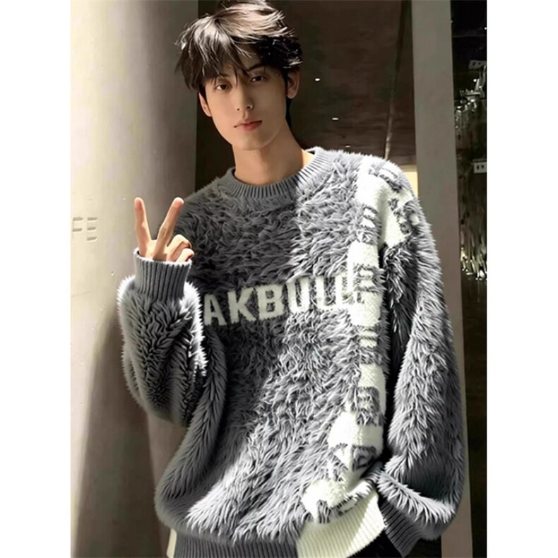 软糯马海毛圆领毛衣男冬季字母提花针织衫慵懒感上衣MY9596,男装针织衫/毛衣,星座1116A（原606A-3）