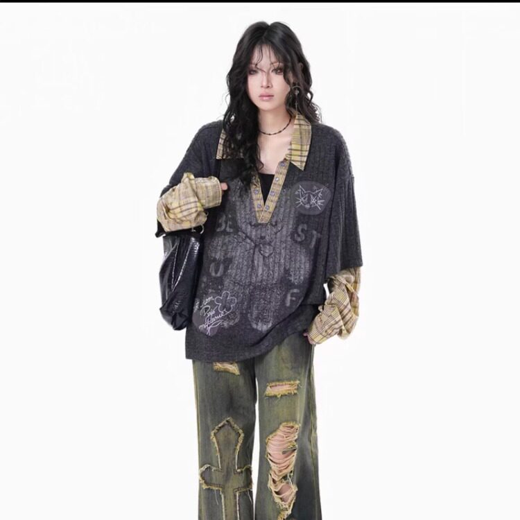 W116-P70大码坑条v领长袖打底针织衫女秋冬新款胖mm别致褶皱,男装T恤,电商B323A