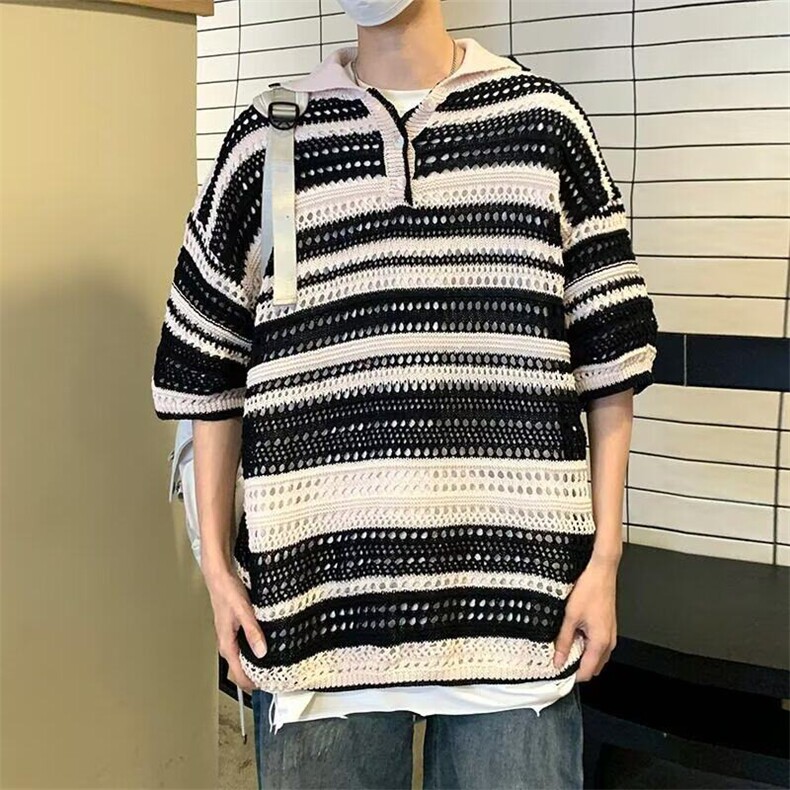 日系复古镂空针织条纹翻领POLO衫短袖夏季小众设计感情侣男女,男装Polo衫,星座218-1（原230）