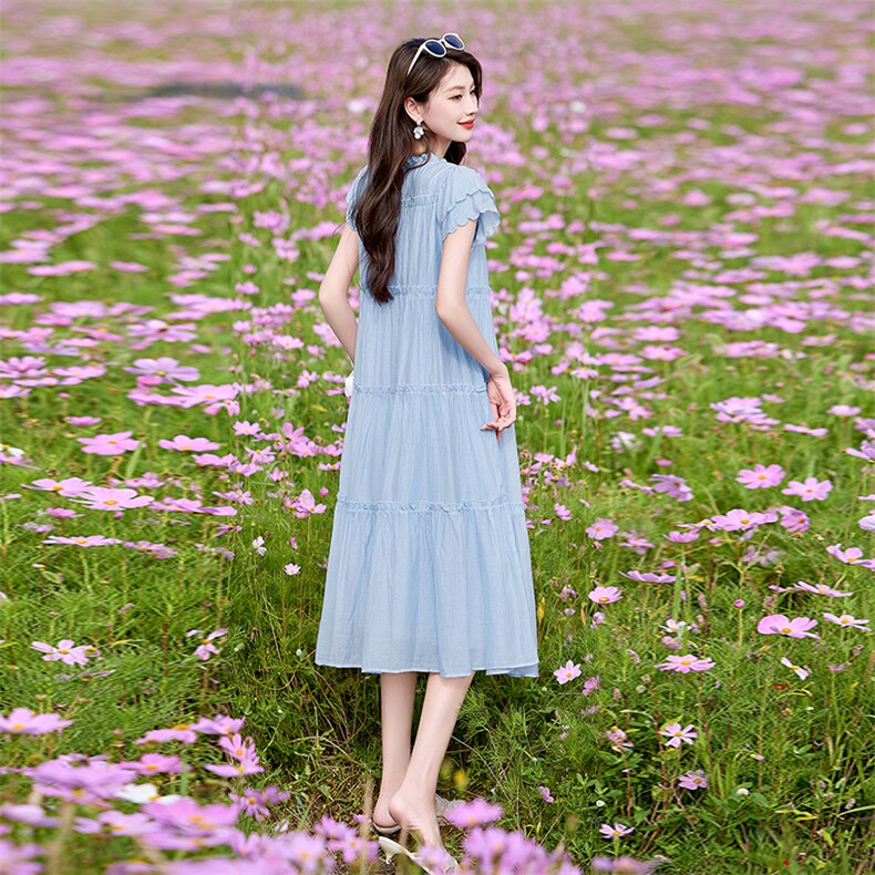 现货新款女2025夏季新款木耳边小飞袖清凉休闲宽松连衣裙送腰带,女装连衣裙,美静678