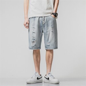 D002-P38日系无影墙大码直筒宽松休闲牛仔裤破洞百搭五分裤，男装牛仔裤，星座103A