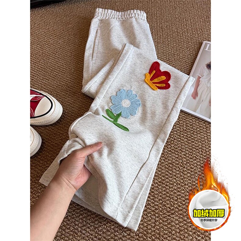 抖音得物高品质秋冬季重磅花卉刺绣潮流运动宽松加绒直筒休闲卫裤，男装休闲裤，电商A486