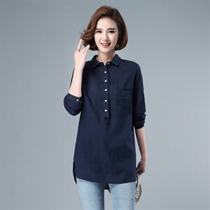 2021年秋季中长款亚麻衬衫女40-49周岁96%及以上POLO领套头上衣图片