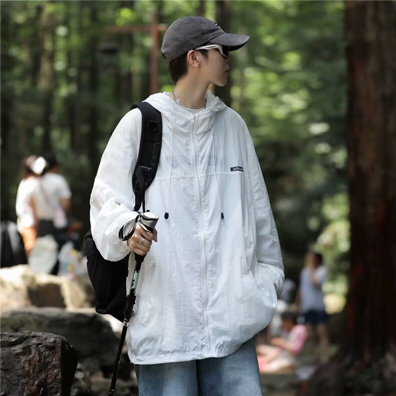 夏季薄款防晒衣男户外纯色冲锋衣外套美式高街痞帅连帽防晒服夹克,男装夹克,星座506A
