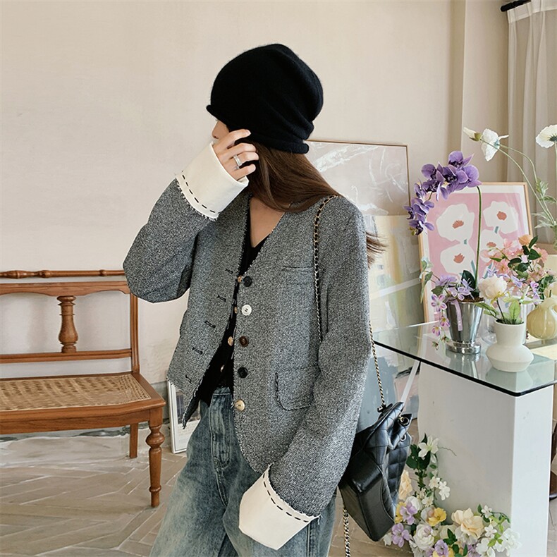 独特超好看银灰色短款小香风外套女春2025新款韩系高级感无领夹克,女装短外套,浙宝212A
