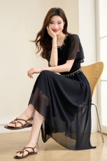 高级感洋气黑色连衣裙女2025夏新款时尚收腰亮片拼接优雅气质长裙，女装连衣裙，央宝儿