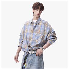 衬衫男春季新款港风宽松磨毛大码格子长袖衬衣CS606-特P28，男装衬衫，星座214-3