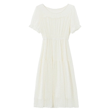 2026夏季新款米白色蕾丝连衣裙泡泡袖收腰显瘦中长款仙气网纱仙女，女装连衣裙，艾米