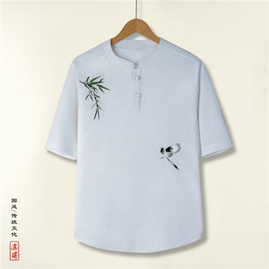 25年夏季风大码棉麻短袖男亚麻透气T恤原创刺绣半袖TZ84AP55图片