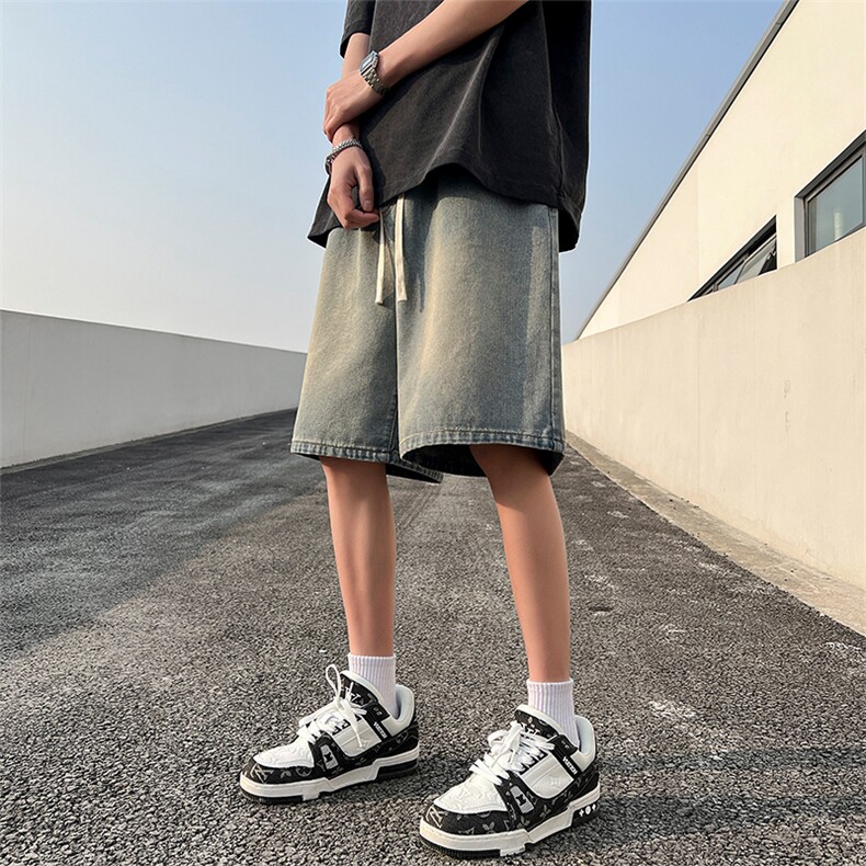 胖胖哥美式复古水洗做旧系带牛仔短裤男夏季大码宽松男生五分裤子,男装牛仔裤,电商A102-1