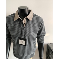 假模千鸟格翻领秋装长袖t恤潮男装polo衫老钱风卫衣外套S524特28，男装T恤，电商A233-1