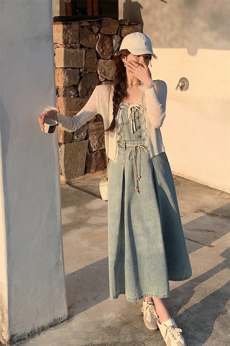 牛仔连衣裙套装女2025夏季新款法式复古开衫上衣显瘦吊带裙两件套,女装连衣裙,2C218