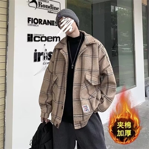秋冬款加厚呢大衣格子毛呢外套男潮牌痞帅宽松休闲夹棉夹克图片