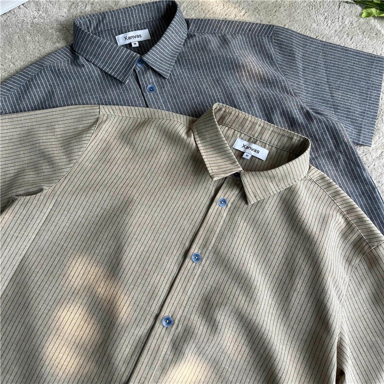 XZ10-TTH455-P48青花扣亚麻混纺棉麻条纹短袖衬衫老钱风cleanfit,男装T恤,星座1005-1