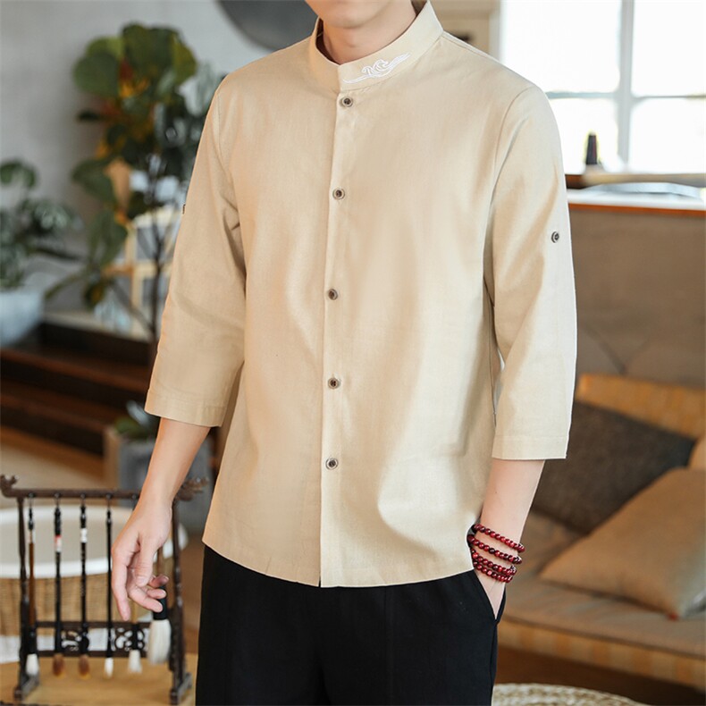 风夏薄复古刺绣棉麻料衬衫大码休闲7七分袖衬衣男CS512P45，男装衬衫，钱塘788(原4013)
