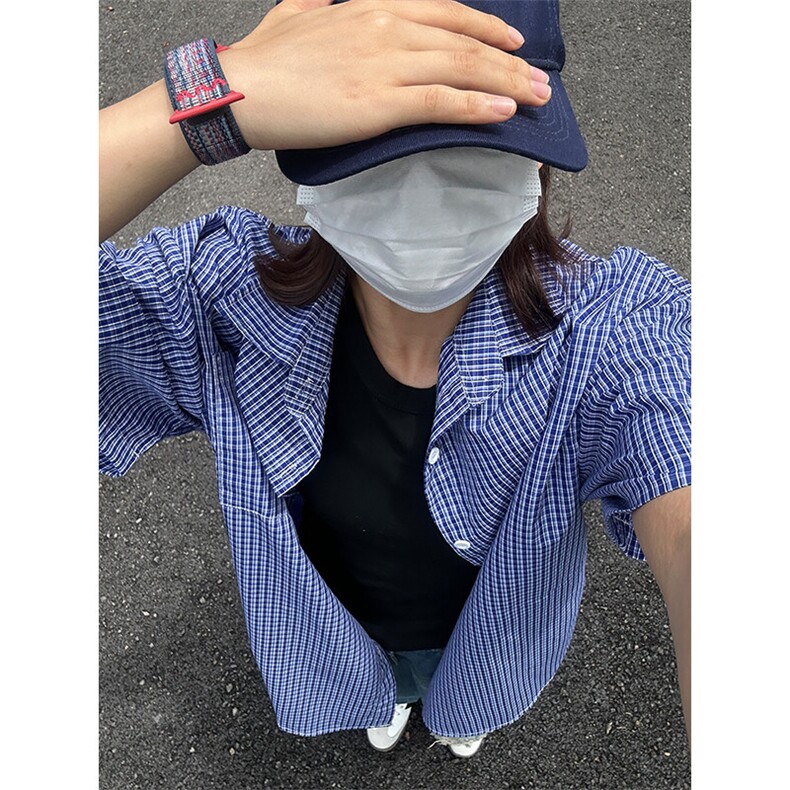 格子衬衫春夏美式短袖衬衫港风情侣装休闲衬衣CS286-P30,男装T恤,星座301C-5