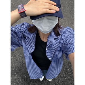 格子衬衫春夏美式短袖衬衫港风情侣装休闲衬衣 CS286-P30图片