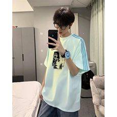 抖音得物品质二开240克宽松纯棉美式潮牌印花三条杠中性风短袖T恤，男装T恤，电商A486