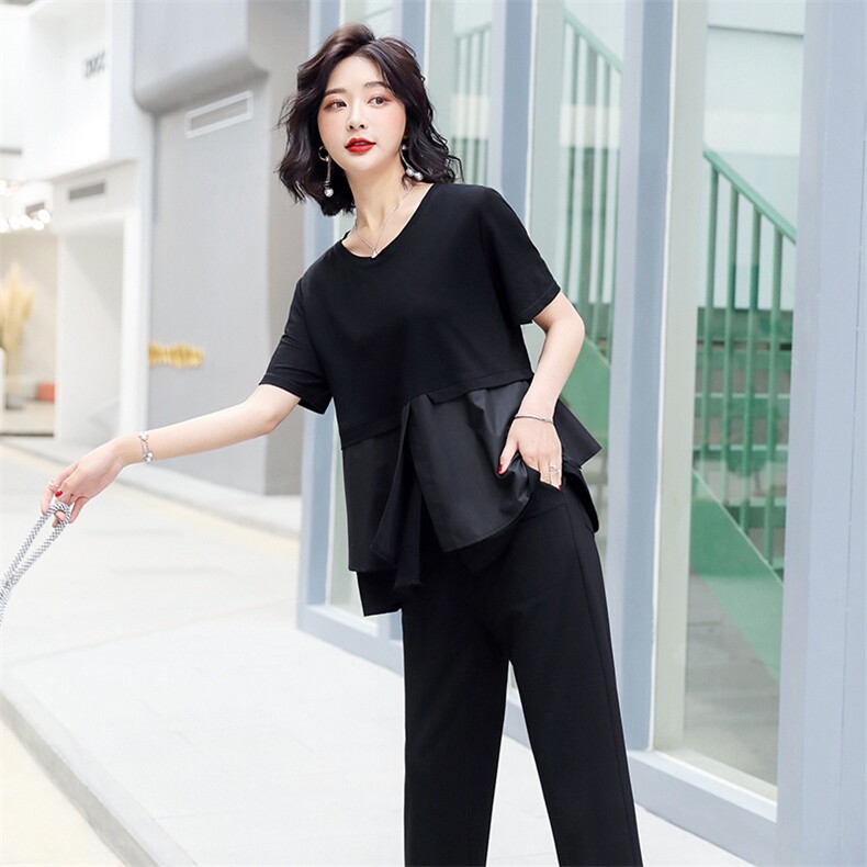 套装2021夏季潮流简约个性显瘦修身百搭优雅休闲短袖,女装套装/套裙,悠米