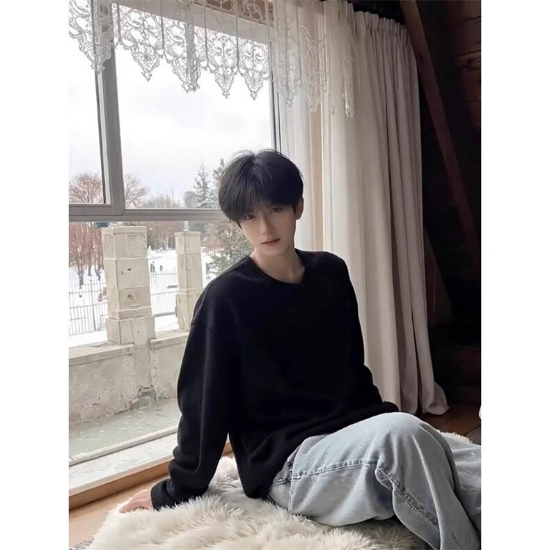 重磅秋冬男女纯色打底针织衫圆领套头半高领毛衣美式复古休闲上衣，男装T恤，电商A443