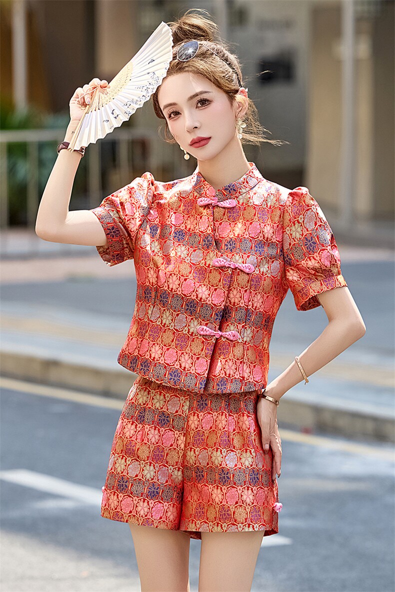 新中式国风短裤套装女夏季高级感复古提花改良旗袍上衣时尚两件套,女装套装/套裙,众宇琦