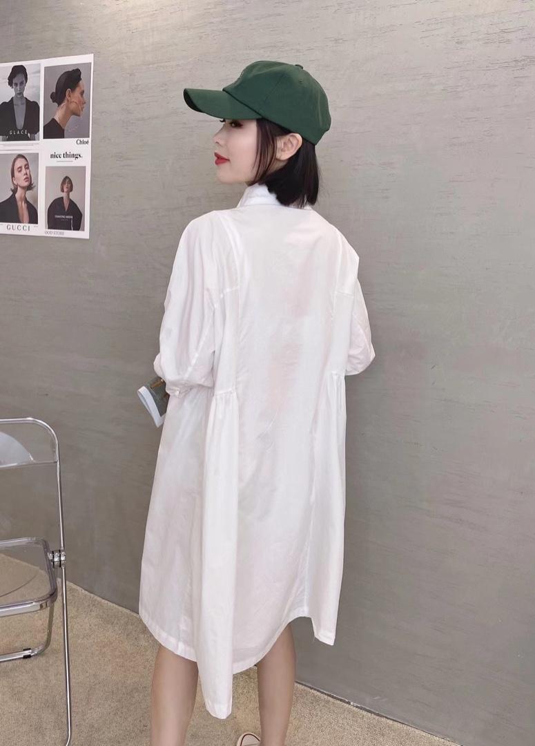 XL9906新款高级感大口袋套头抽褶长款短袖宽松韩版衬衫裙,女装衬衫,L·H·X