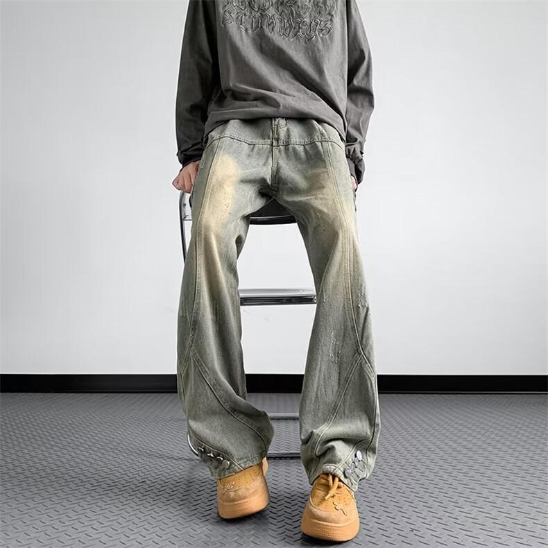 美式高街设计感纽扣拉链牛仔裤男vibe风复古做旧重工宽松百搭长裤,男装牛仔裤,星座601-2