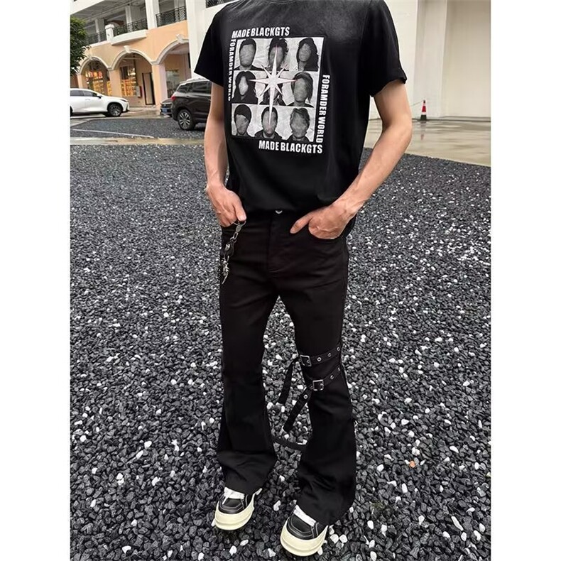 美式高街vibe黑色微喇牛仔裤男潮直筒显瘦cleanfit长裤L84399-P55,男装牛仔裤,星座1008