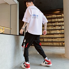 新款夏季棉质短袖t恤男潮流帅气宽松工装裤套装男上衣F17475，男装休闲套装，电商A086
