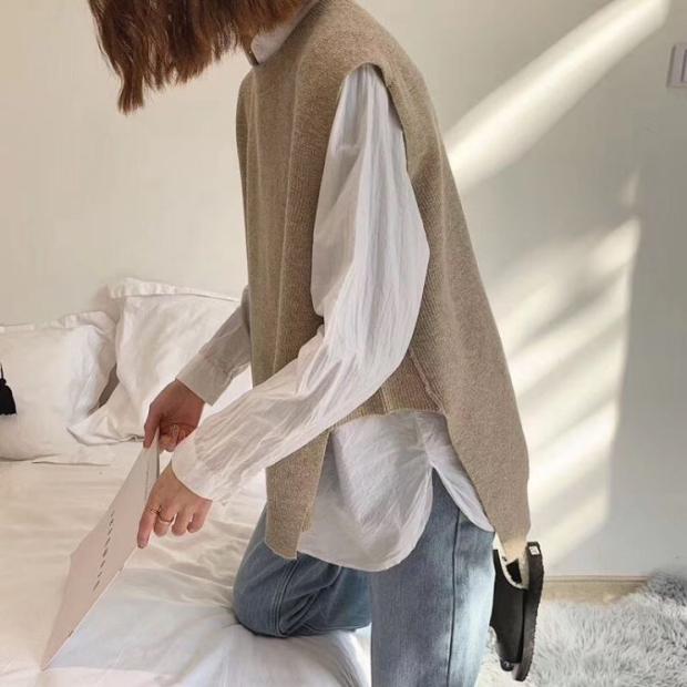 秋季圆领开叉羊毛针织马甲背心女宽松外穿套头元宝针毛衣马夹坎肩,女装马甲,洁纯羊绒