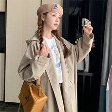 卡其色复古英伦风文艺范连帽风衣女2025春季新款宽松中长款外套，女装风衣，2C372