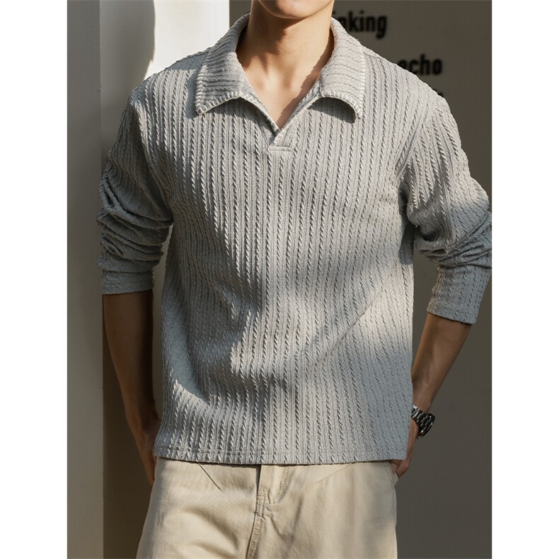 老钱风手缝线麦穗纹翻领纹理感长袖T恤男大码T24524-特P40控78，男装T恤，电商A001-1