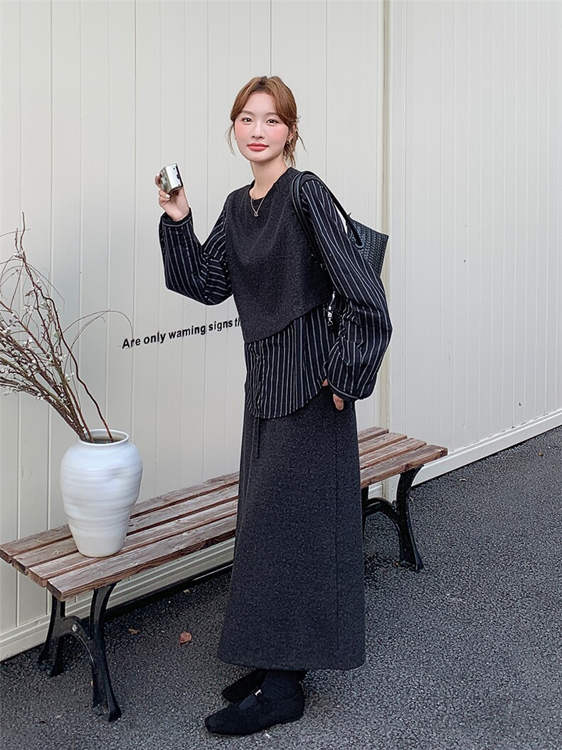 韩系慵懒气质套装裙女收腰显瘦条纹拼接上衣2025新款半身裙两件套,女装套装/套裙,浙宝301