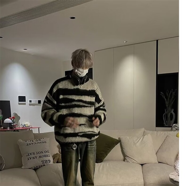 条纹美式复古毛衣男潮秋冬慵懒oversize情侣针织衫WL13055-P45,男装针织衫/毛衣,星座1008