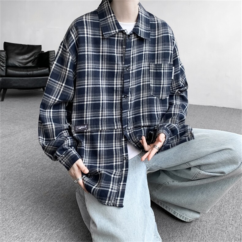 美式vintage长袖衬衫男春秋新款复古格子高级感衬衣外套R188-P36,男装衬衫,星座1008