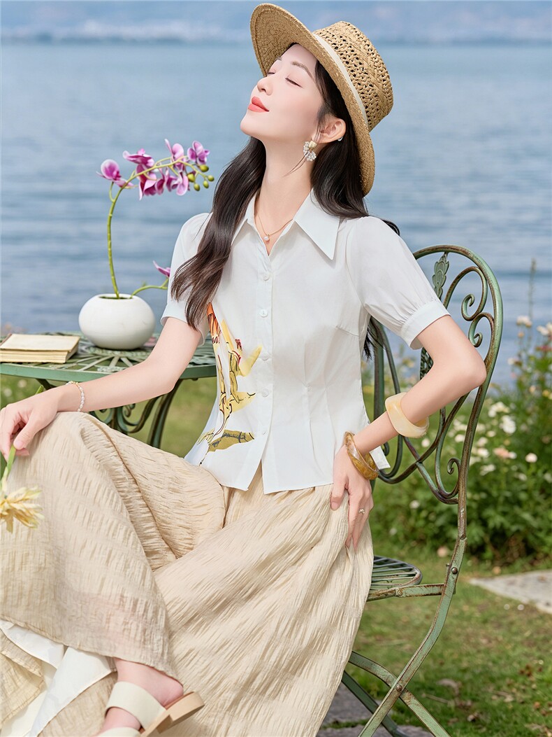 轻熟风时尚小翻领衬衫套装女2026夏气质印花上衣裙裤优雅两件套,女装套装/套裙,水衣源