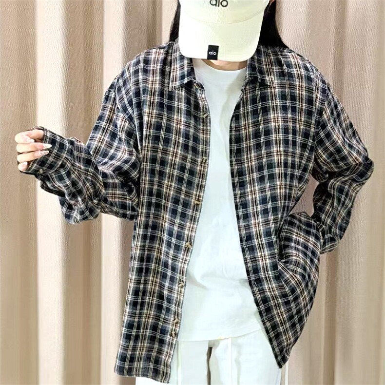 春季新款现货（跨境电商）格子男女情侣款潮流宽松格纹衬衣图片